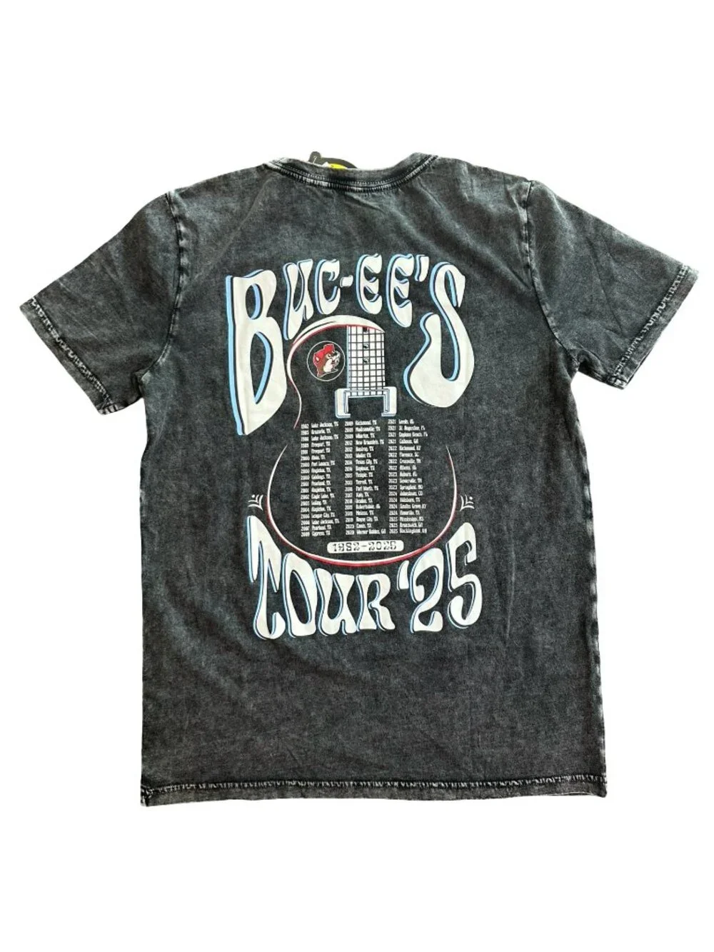 Buc-ee's T-Shirt Youth L Gray Acid Wash Tour '25 Guitar Graphic Short Sleeve Tee